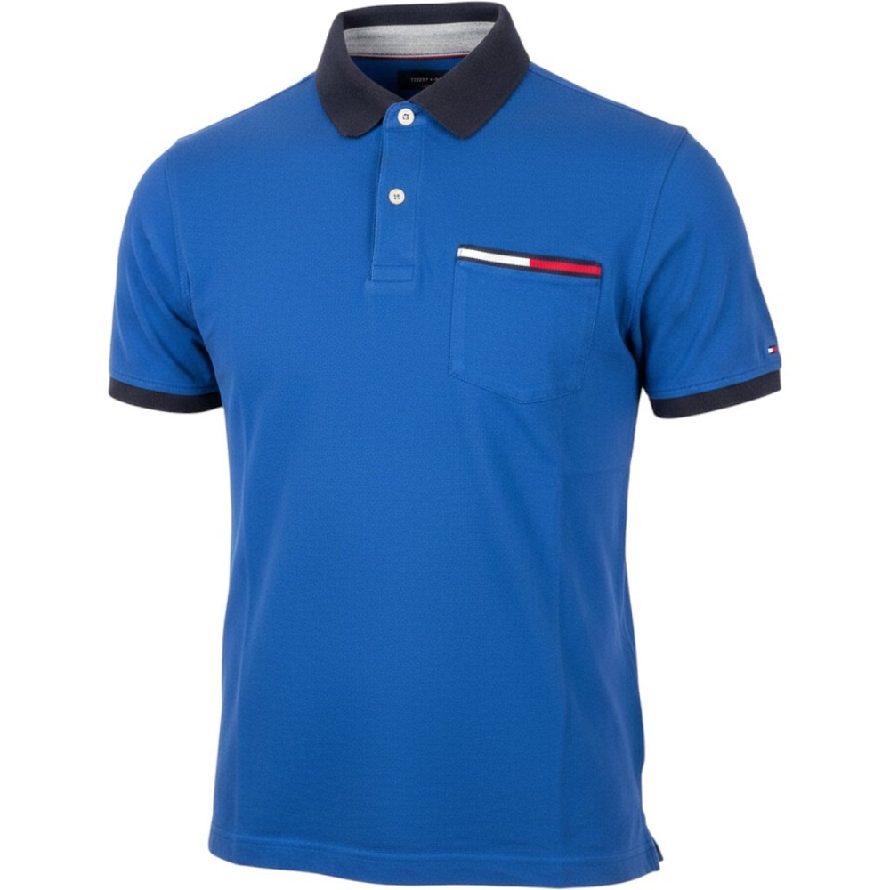 Tommy Hilfiger Mens Slim Fit Polo Shirt Large Blue Pique Pocket Signature Flag